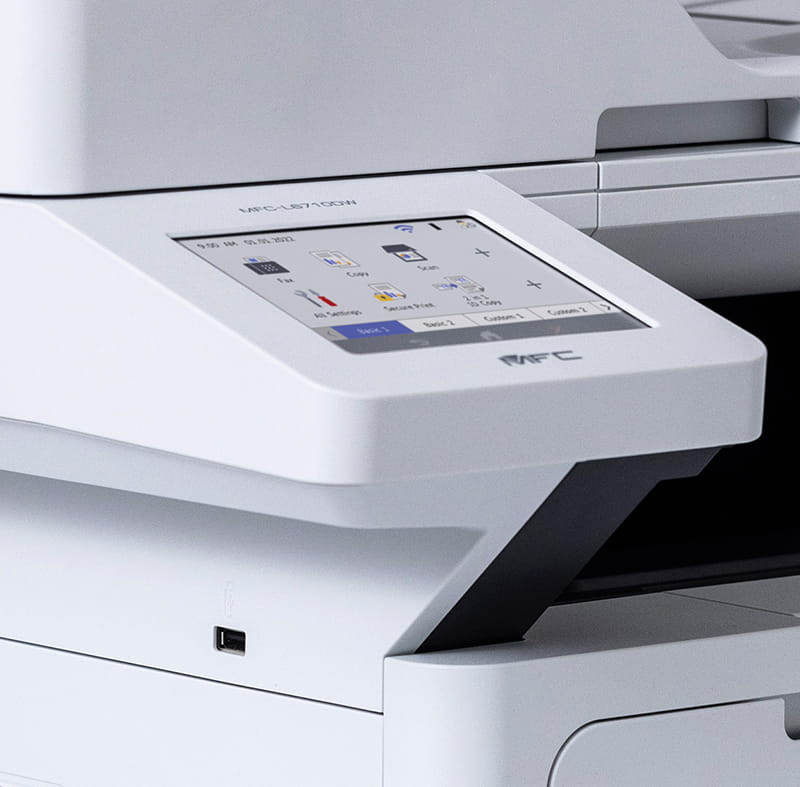 A white printer featuring an integrated scanner, designed for efficient printing and scanning tasks in an office setting. Brother Gulf, Middle East & Africa